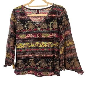 Tease Bohemian Top Sz L Paisley Sequin V-Neck Sheer Bell Sleeve Fairy Whimsigoth